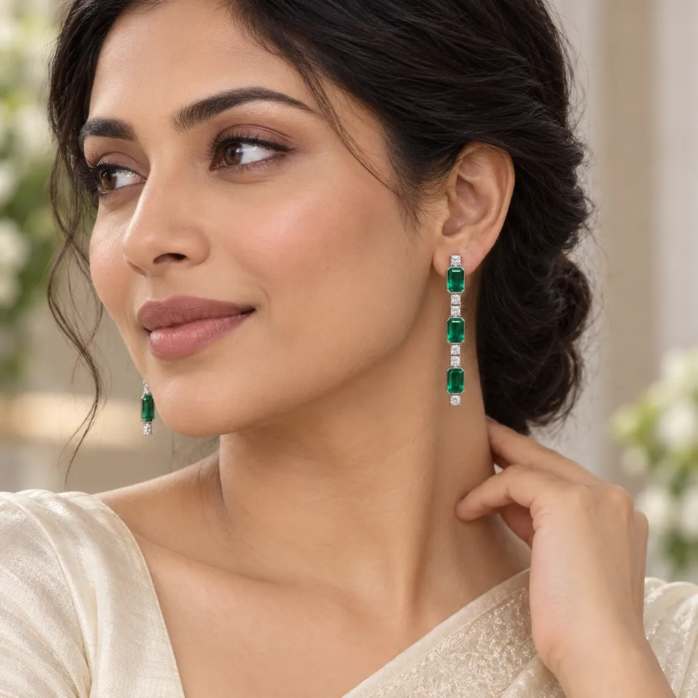 Emerald Linear Triple Link Moissanite Earrings — second view
