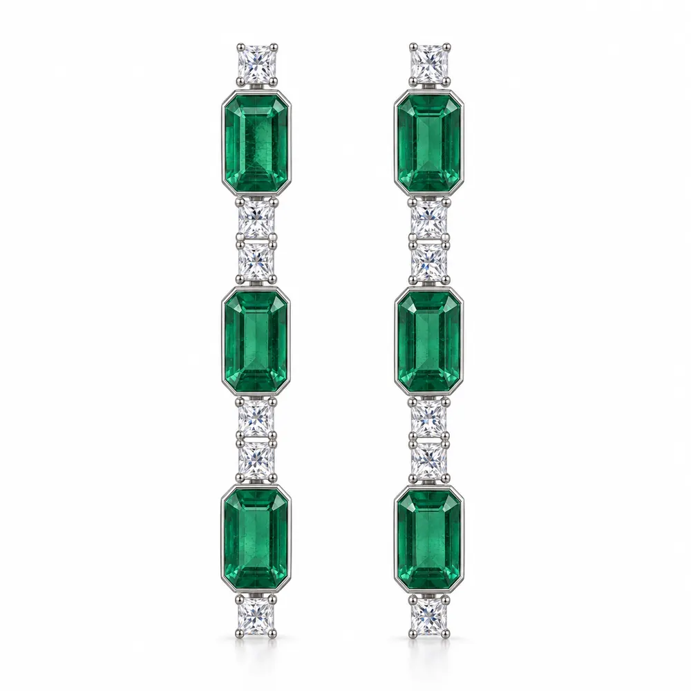 Emerald Linear Triple Link Moissanite Earrings