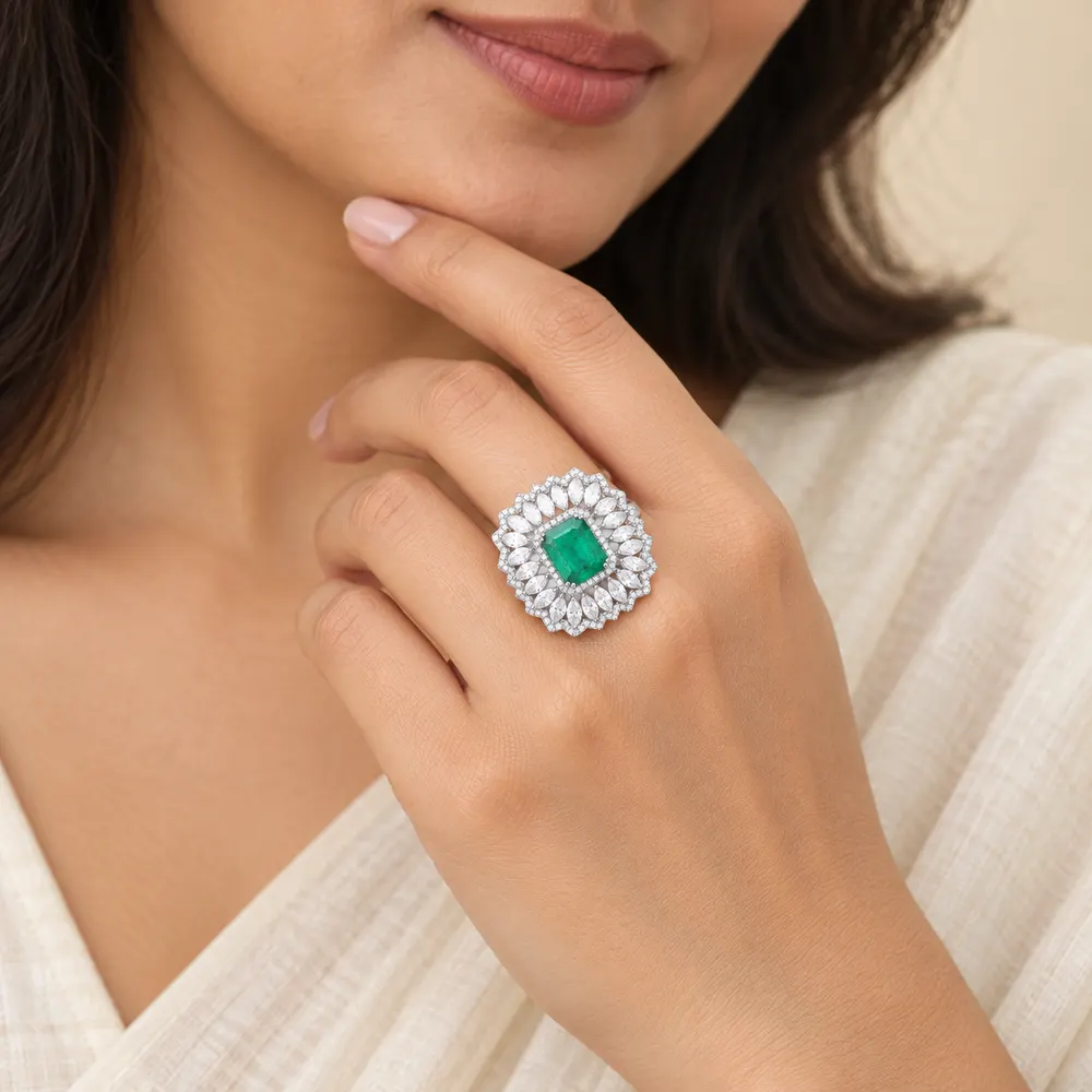 Emerald Marquise Double Halo Statement Moissanite Ring — second view