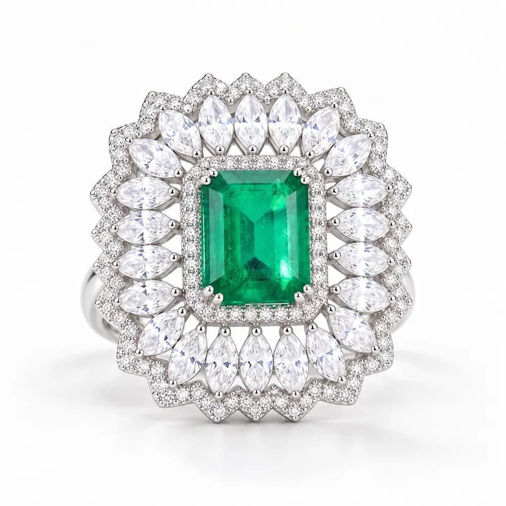Emerald Marquise Double Halo Statement Moissanite Ring