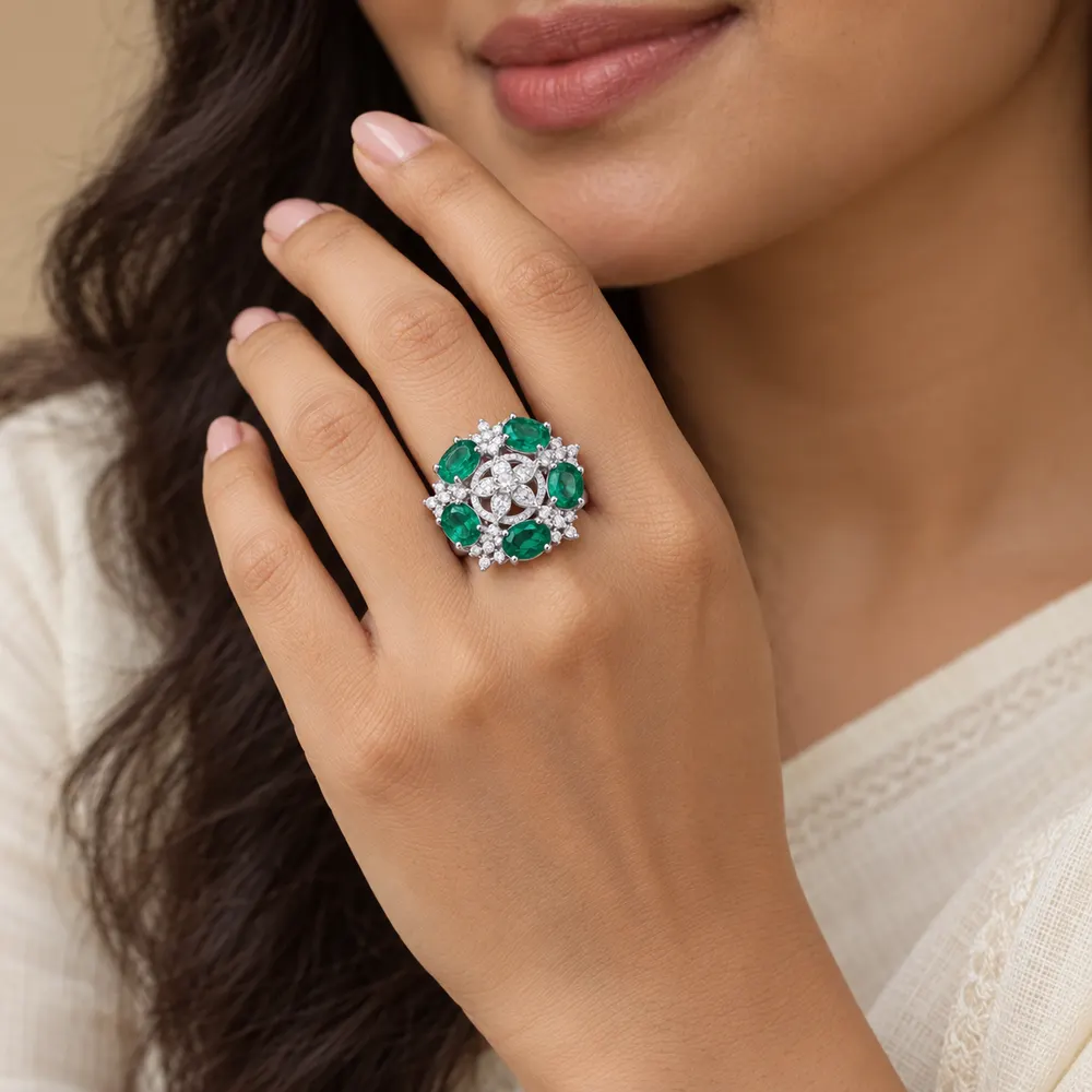 Emerald Multi Stone Openwork Moissanite Ring — second view
