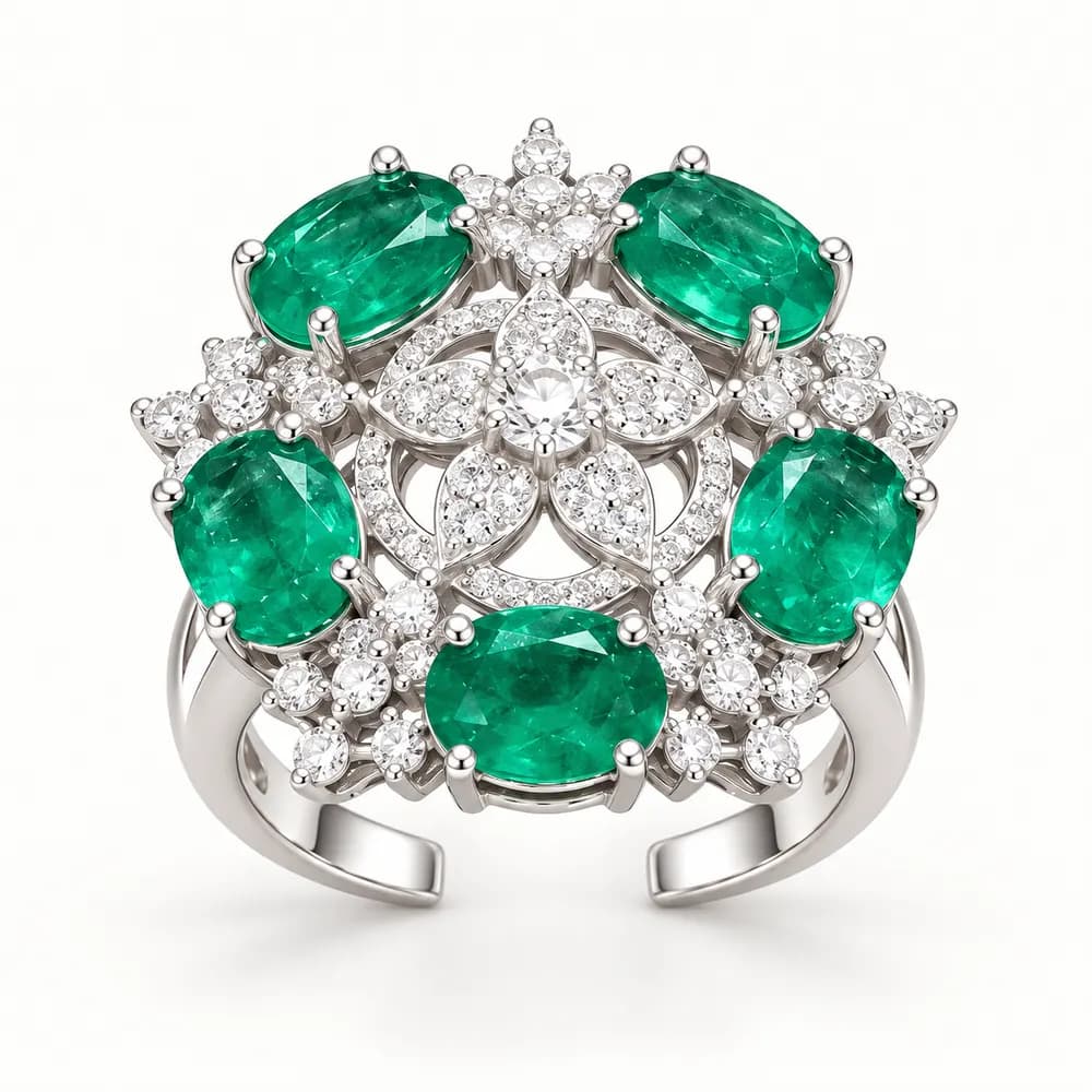 Emerald Multi Stone Openwork Moissanite Ring