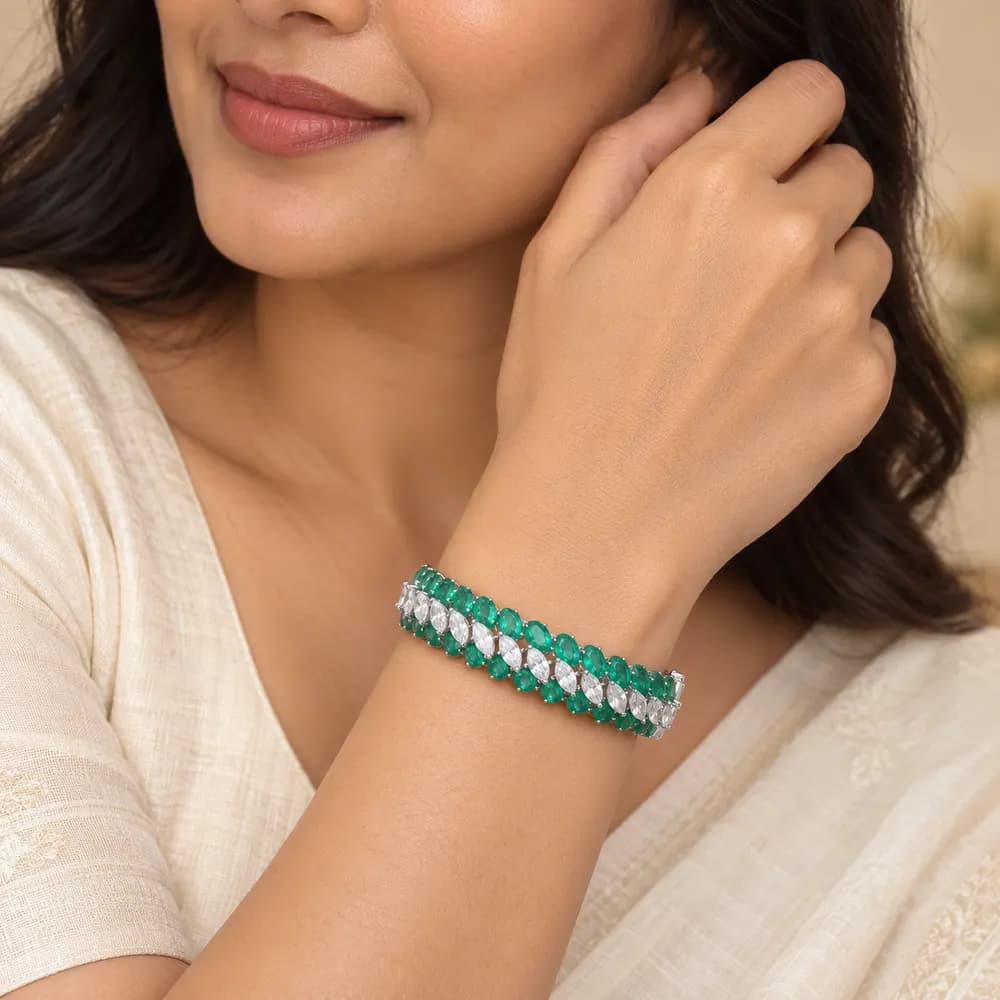 Emerald Oval and White Marquise Moissanite Bangle Bracelet — second view