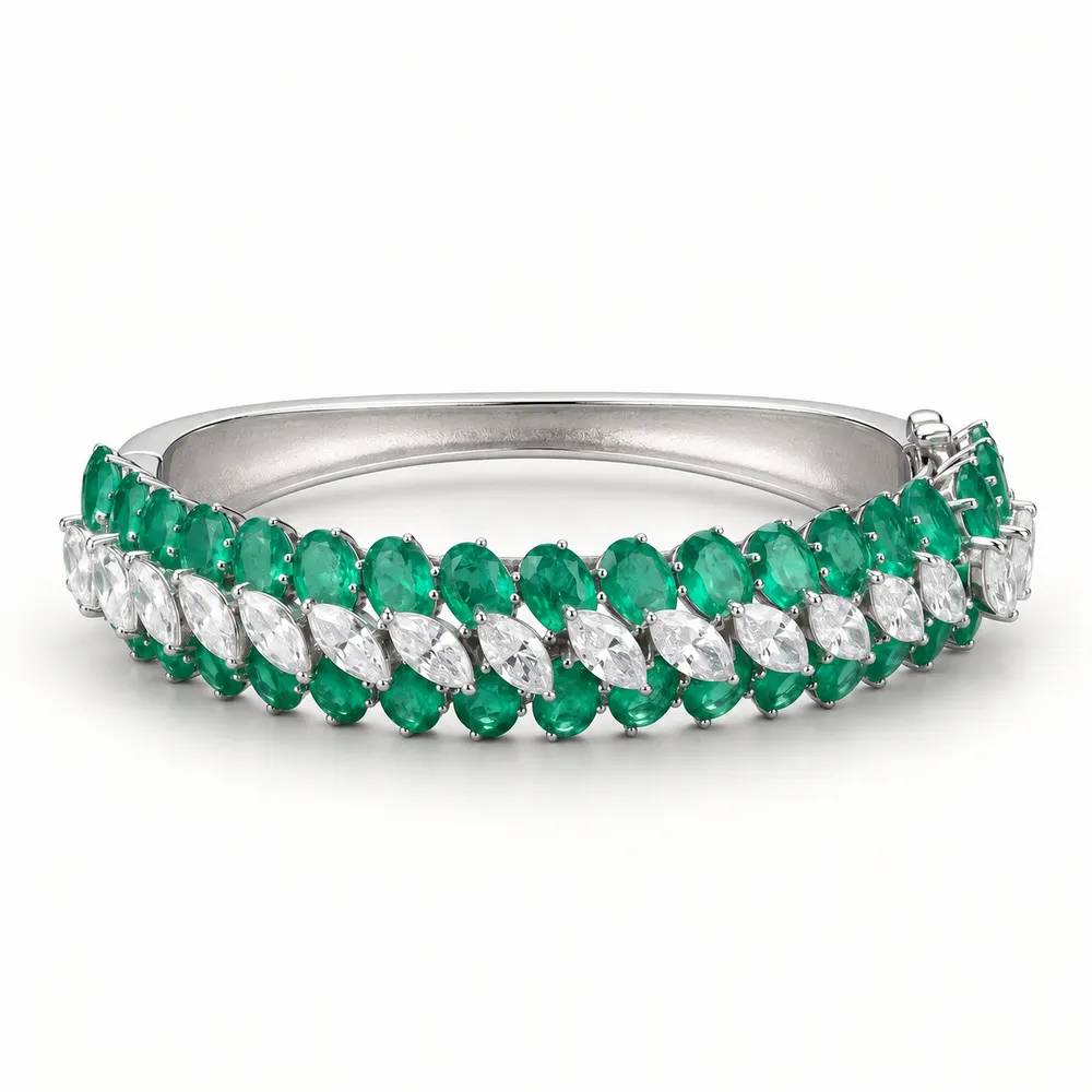 Emerald Oval and White Marquise Moissanite Bangle Bracelet