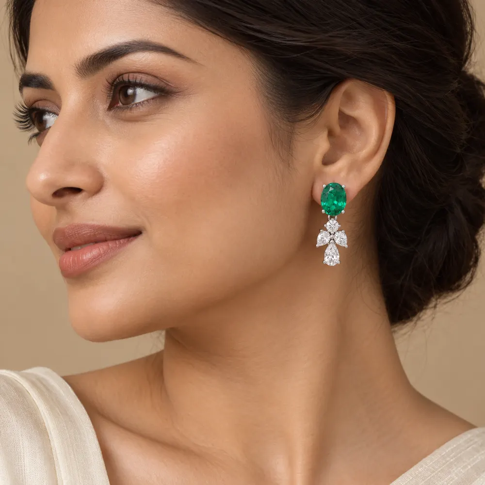 Emerald Oval Floral Teardrop Moissanite Earrings — second view