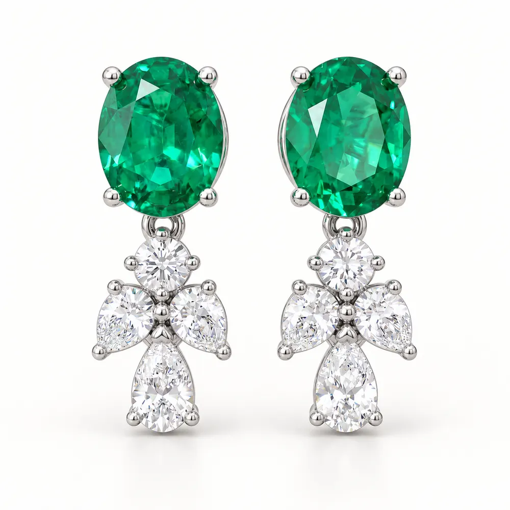 Emerald Oval Floral Teardrop Moissanite Earrings