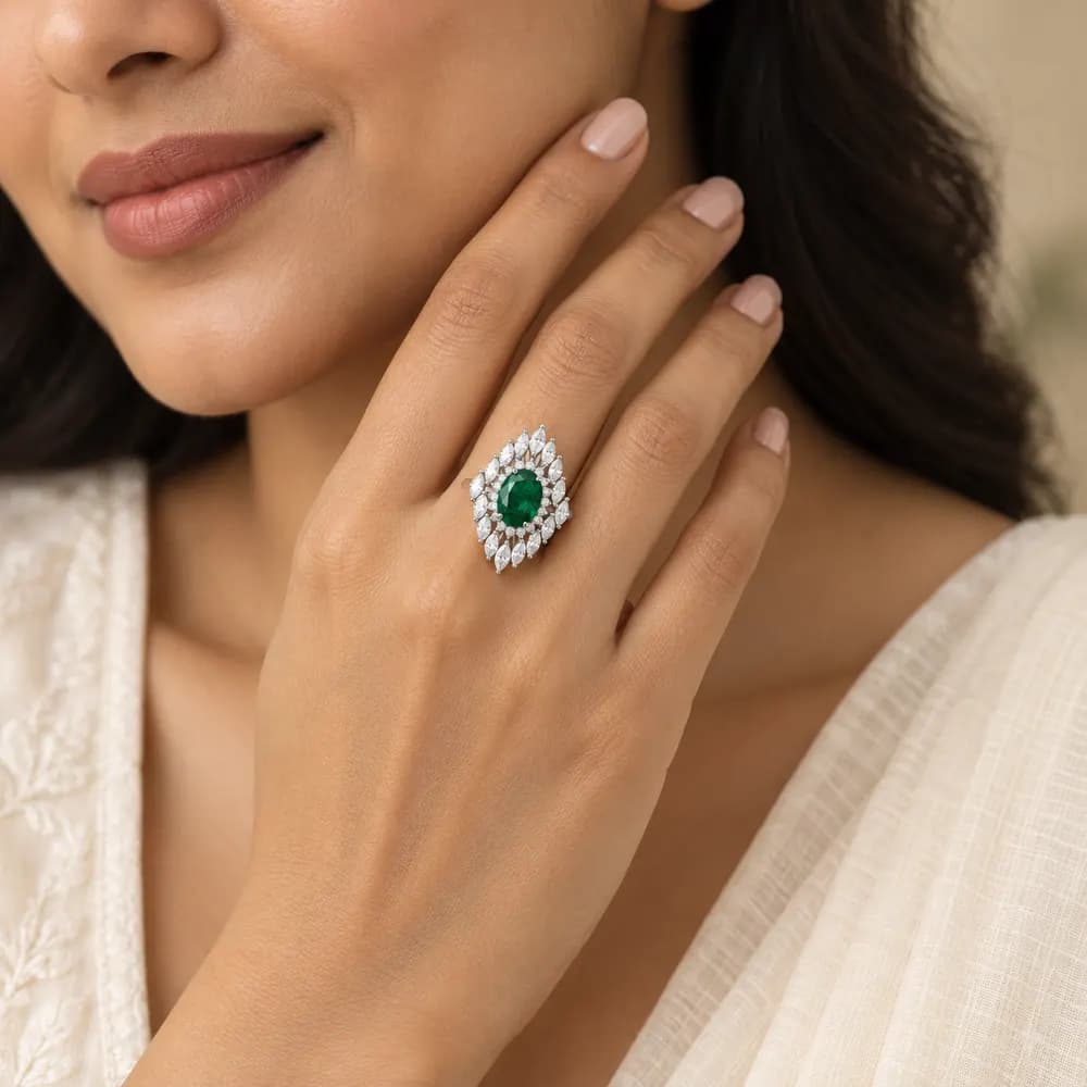 Emerald Oval Marquise Flame Moissanite Ring — second view