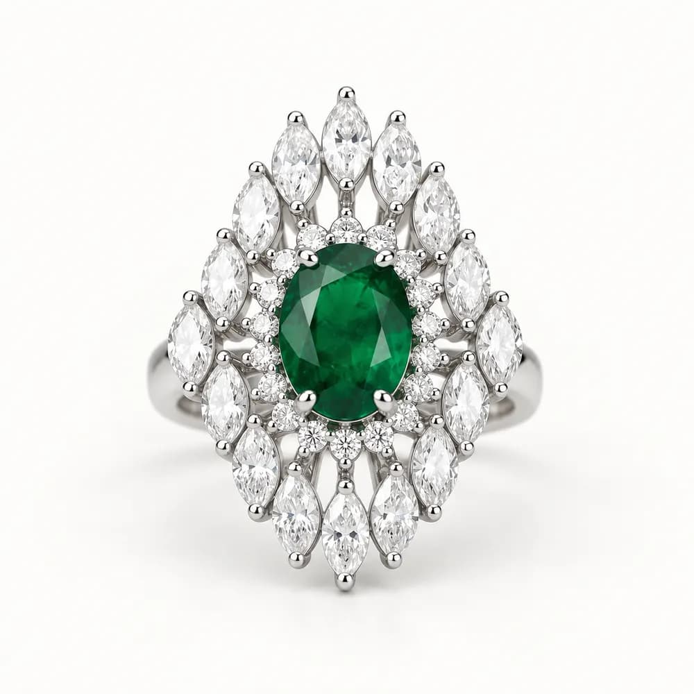 Emerald Oval Marquise Flame Moissanite Ring
