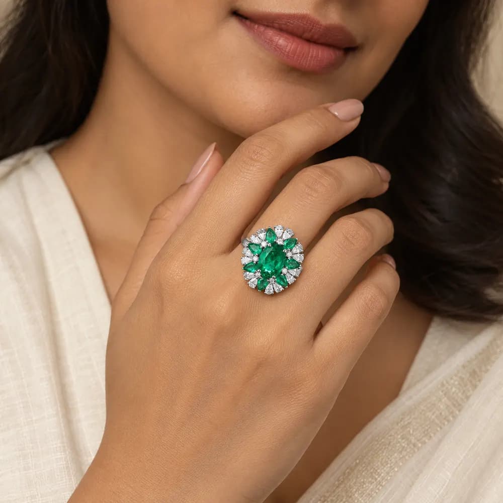Emerald Oval Petal Cluster Moissanite Ring — second view