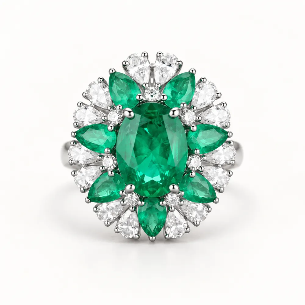 Emerald Oval Petal Cluster Moissanite Ring