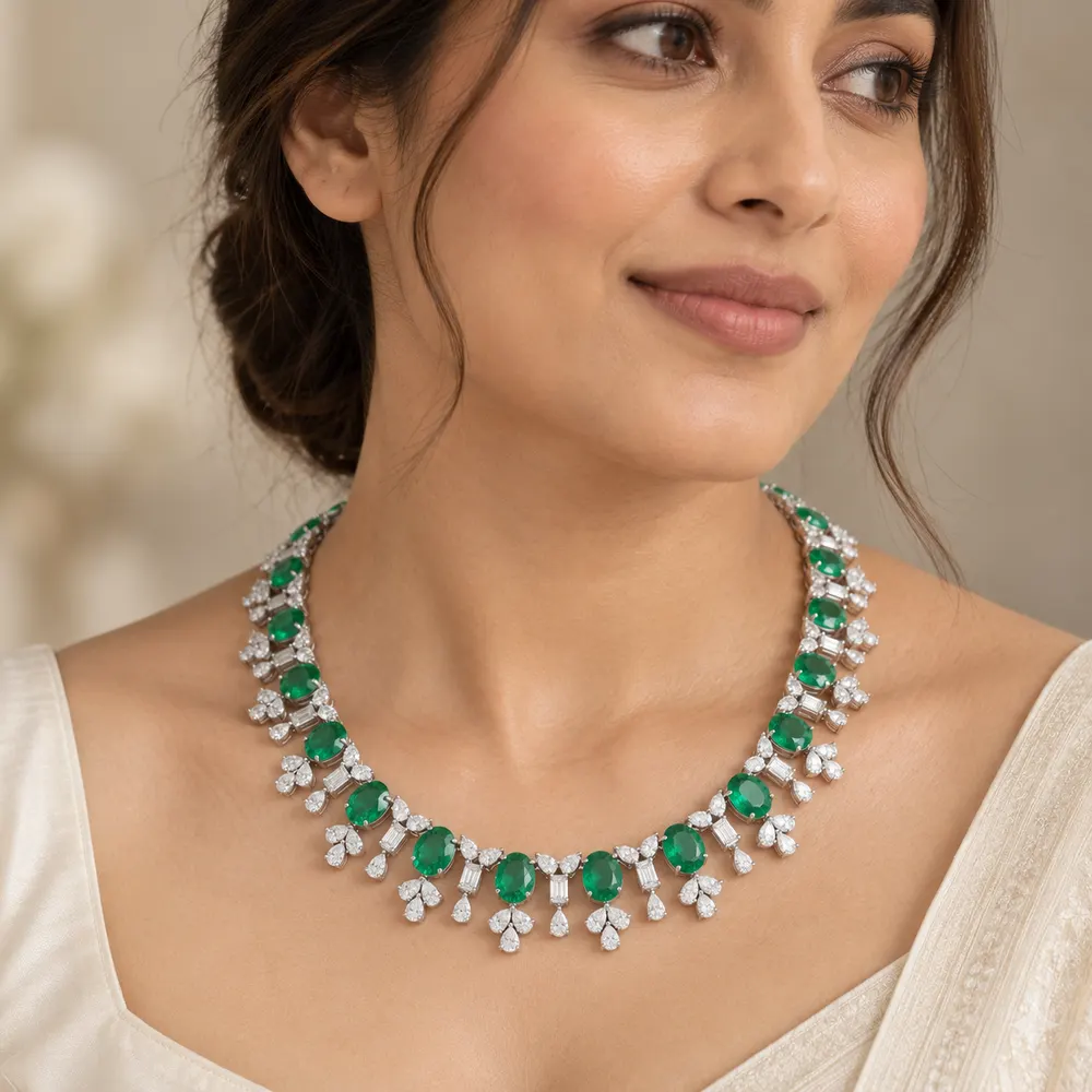 Emerald Oval White Drop Moissanite Necklace — second view