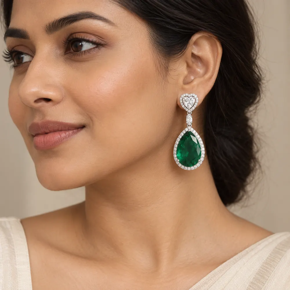 Emerald Pear and Heart Moissanite Drop Earrings — second view