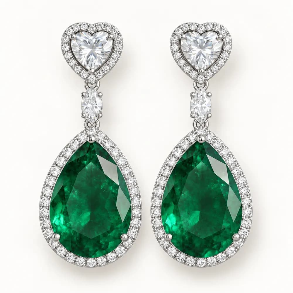 Emerald Pear and Heart Moissanite Drop Earrings