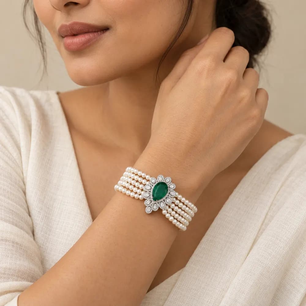 Emerald Pear Halo Pearl Moissanite Bracelet — second view