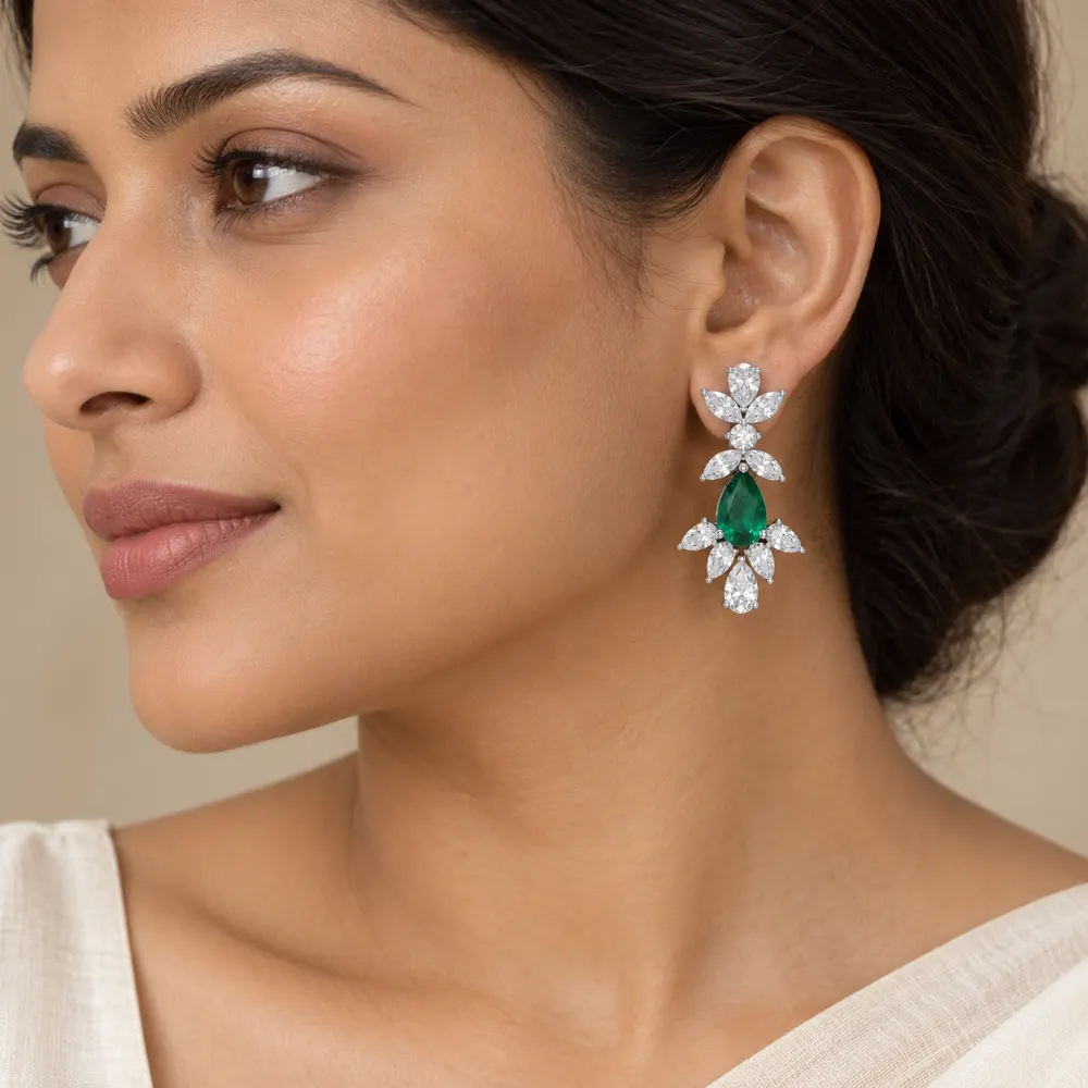 Emerald Pear Leaf Cluster Moissanite Earrings — second view