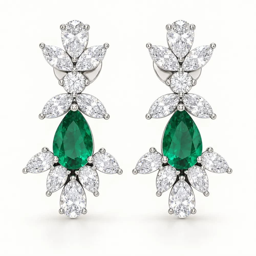 Emerald Pear Leaf Cluster Moissanite Earrings