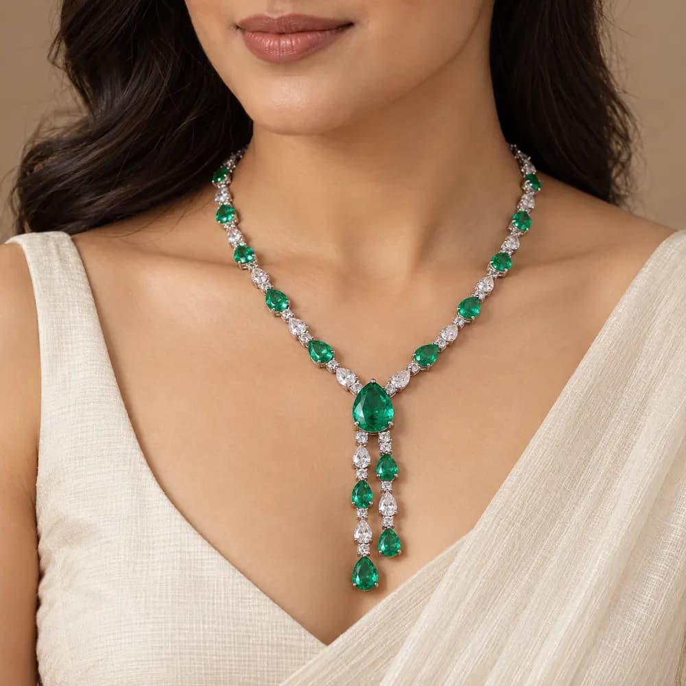 Emerald Pear Twin-Drop Moissanite Necklace — second view