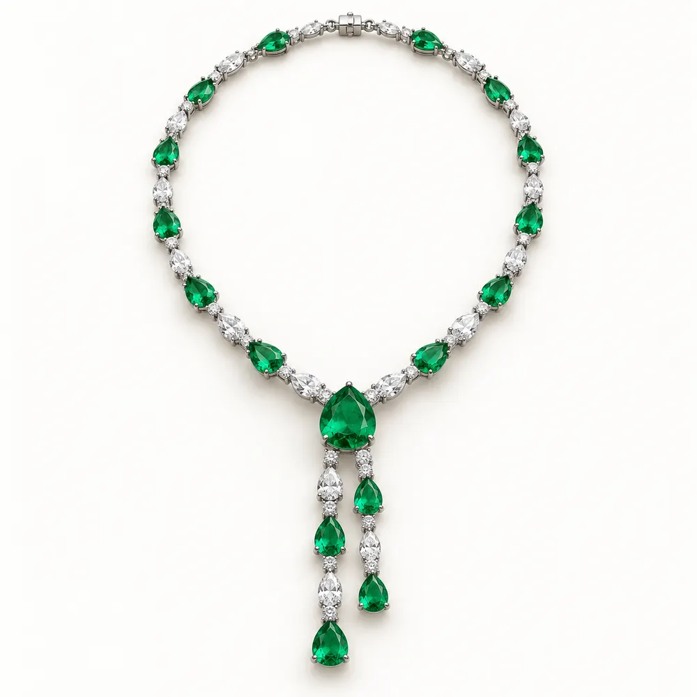 Emerald Pear Twin-Drop Moissanite Necklace
