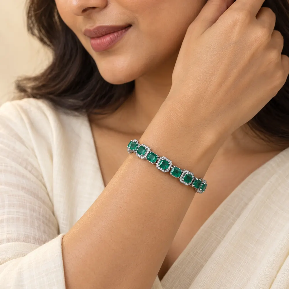 Emerald Rectangular Halo Moissanite Tennis Bracelet — second view