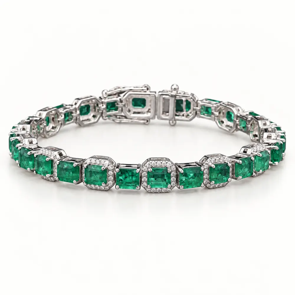 Emerald Rectangular Halo Moissanite Tennis Bracelet