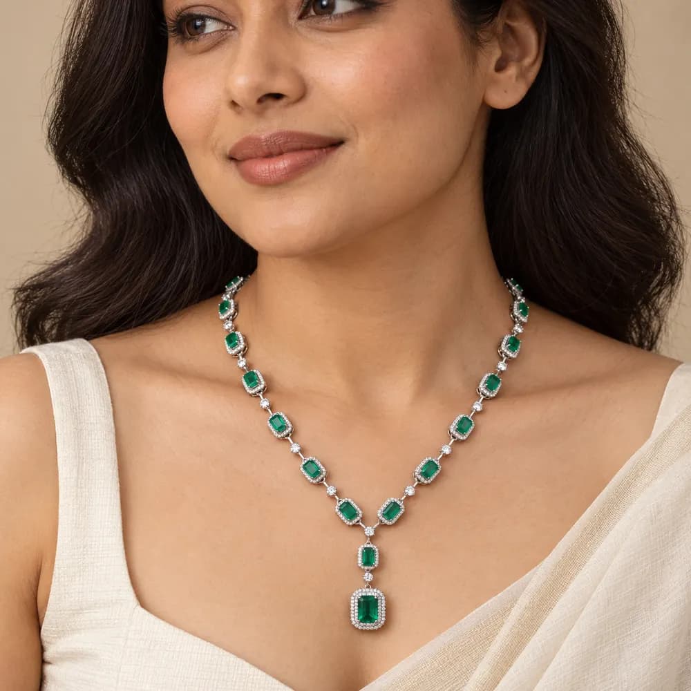 Emerald Rectangular Halo Y Moissanite Necklace — second view