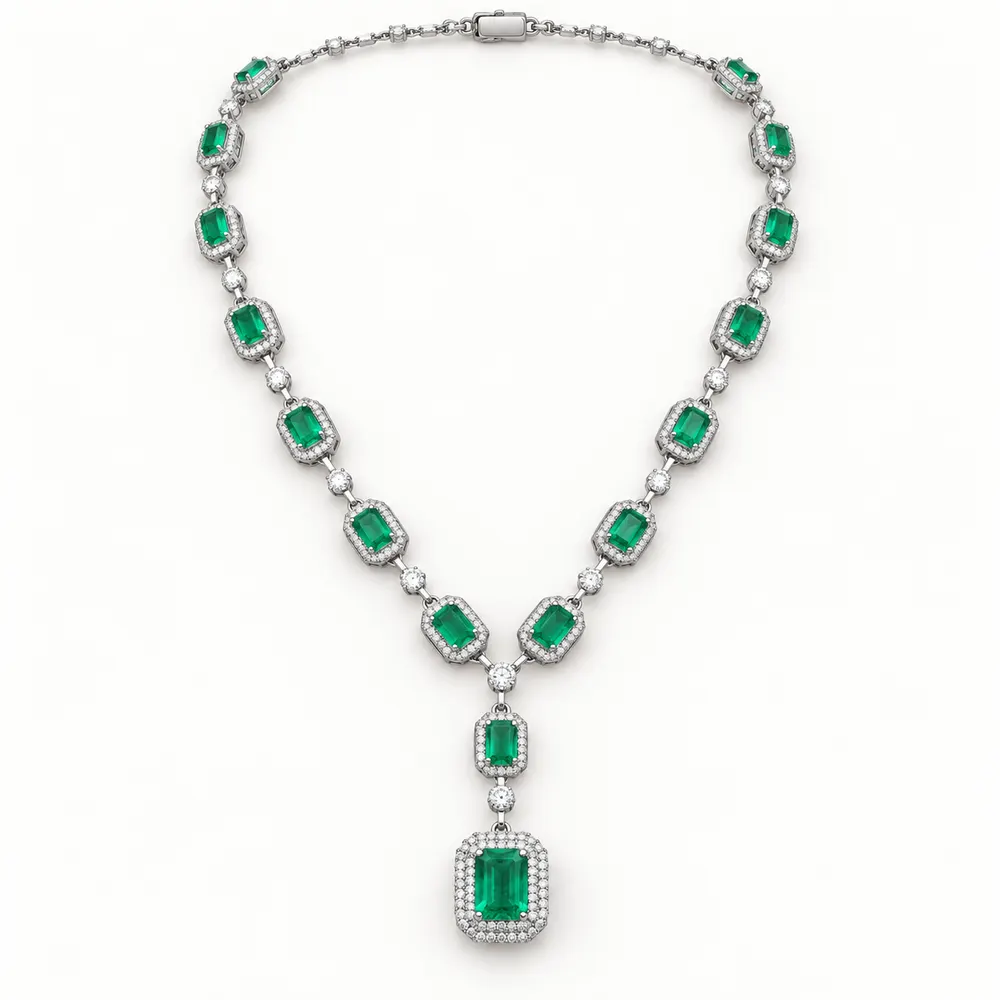 Emerald Rectangular Halo Y Moissanite Necklace