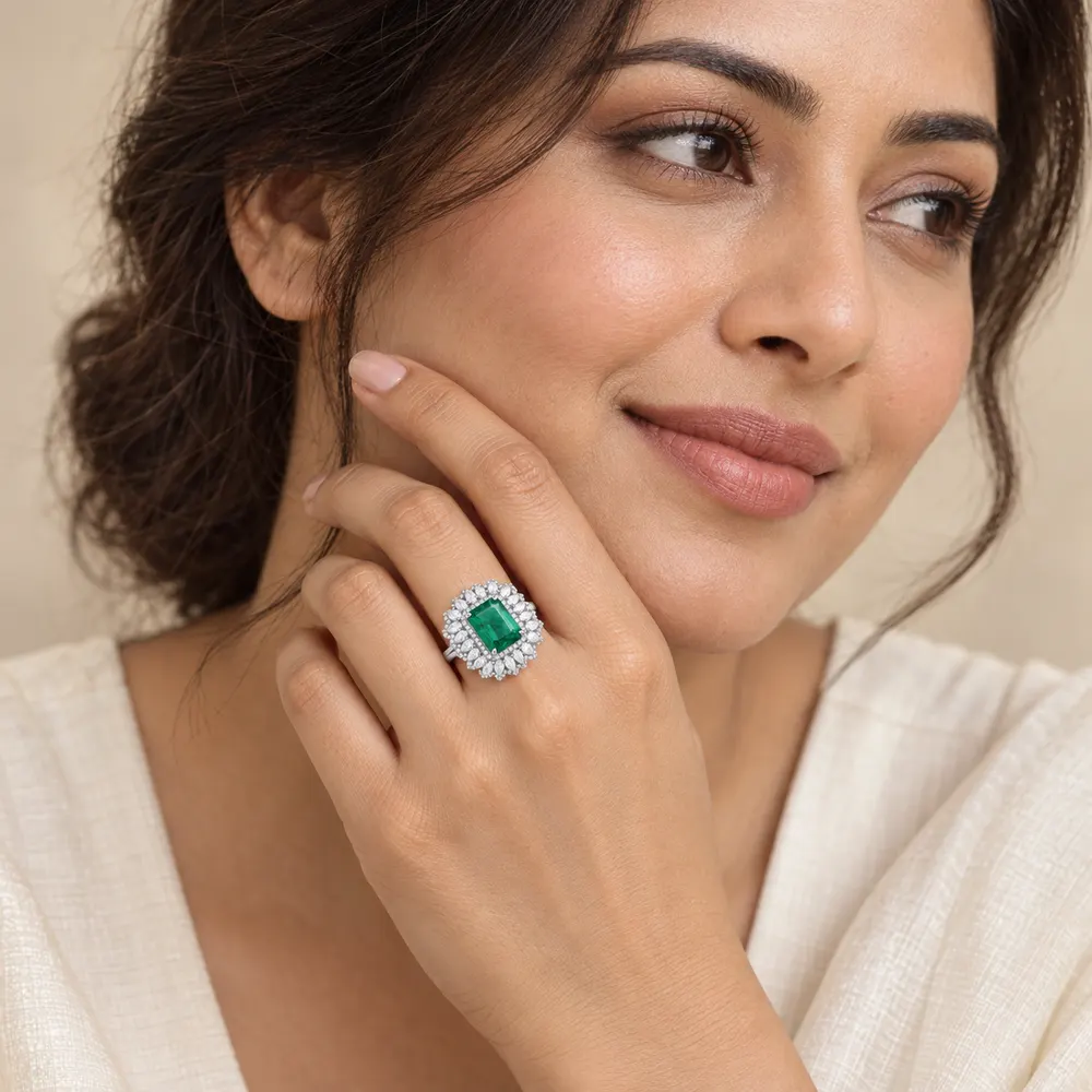 Emerald Rectangular Petal Halo Moissanite Ring — second view