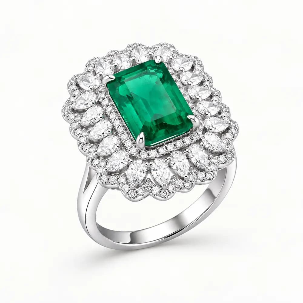 Emerald Rectangular Petal Halo Moissanite Ring