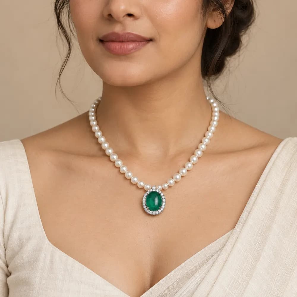 Emerald Single Strand Pearl Moissanite Necklace — second view