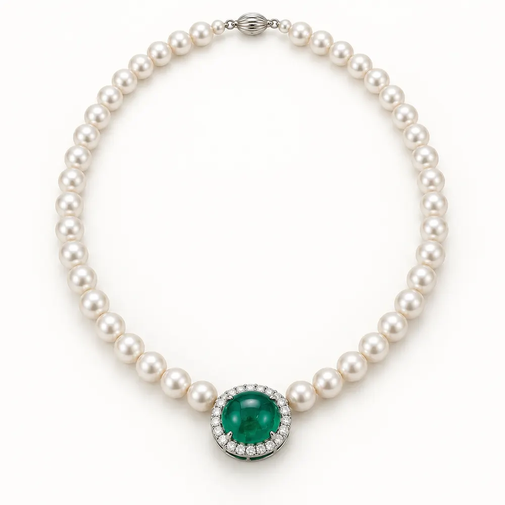 Emerald Single Strand Pearl Moissanite Necklace