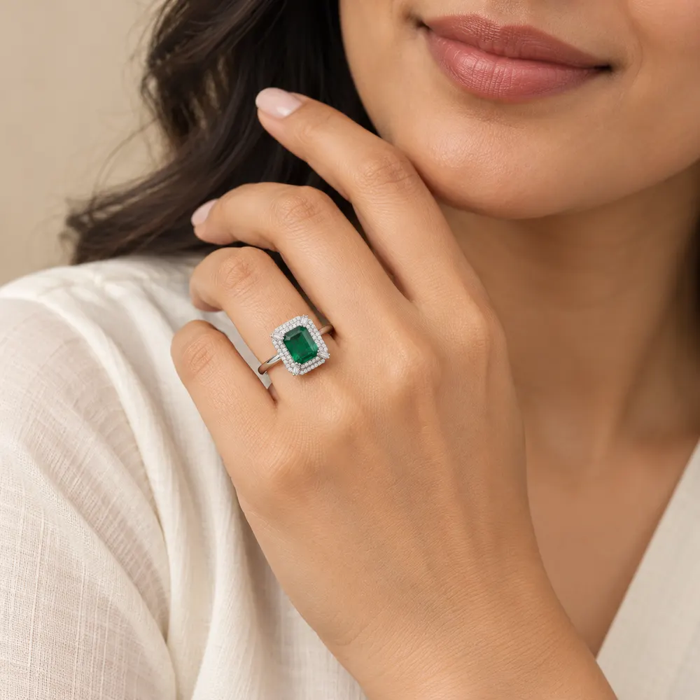 Emerald Slim Rectangular Halo Moissanite Ring — second view