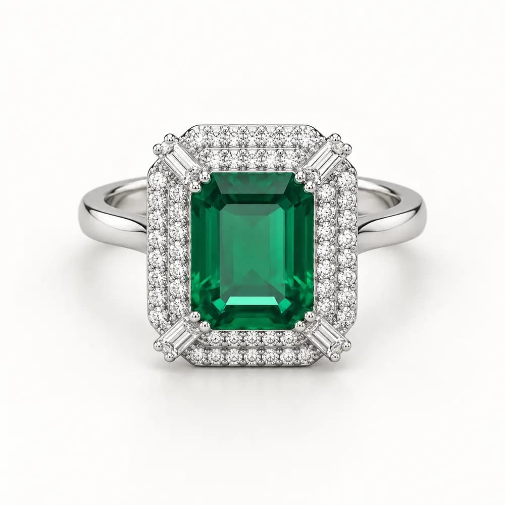 Emerald Slim Rectangular Halo Moissanite Ring