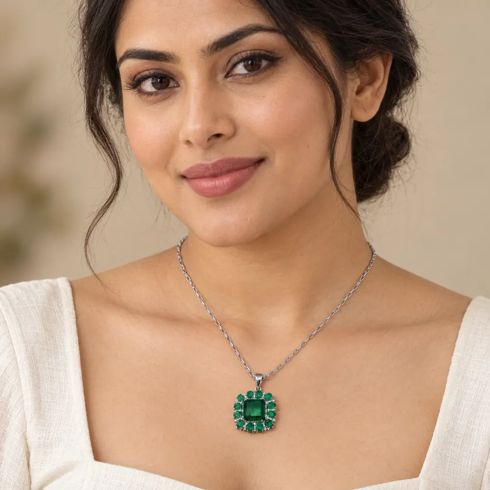 Emerald Square Halo Moissanite Pendant — second view