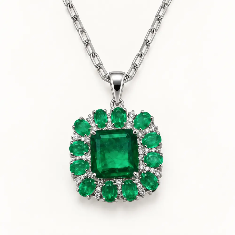 Emerald Square Halo Moissanite Pendant