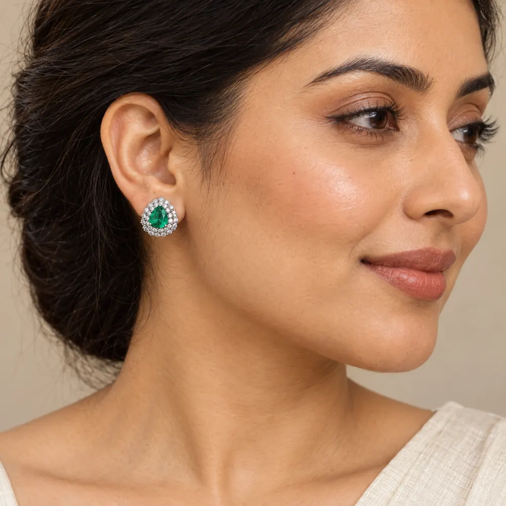 Emerald Teardrop Halo Moissanite Stud Earrings — second view