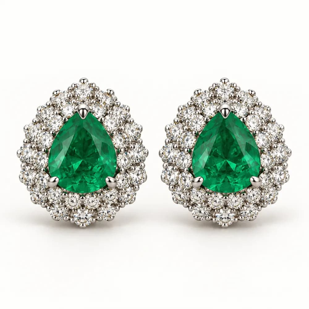 Emerald Teardrop Halo Moissanite Stud Earrings