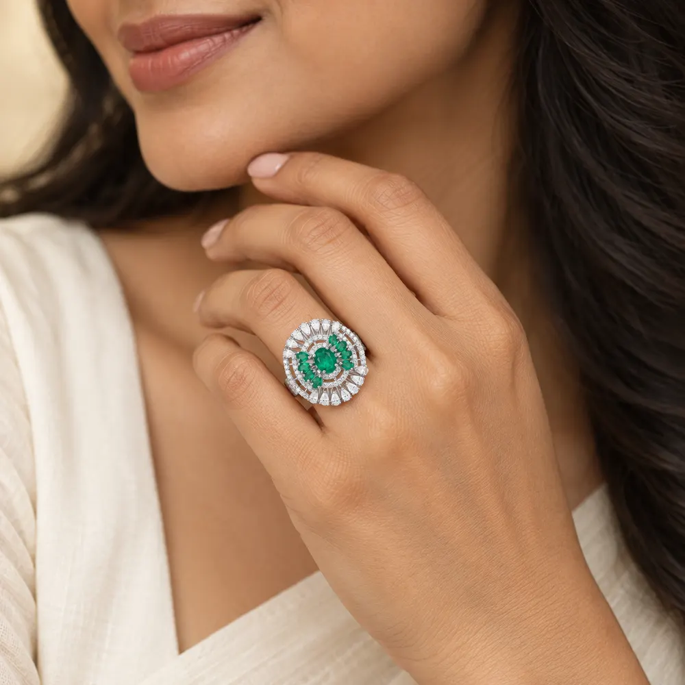 Emerald Trio Marquise Halo Moissanite Ring — second view