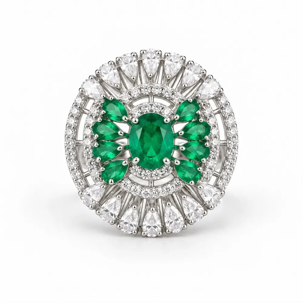 Emerald Trio Marquise Halo Moissanite Ring