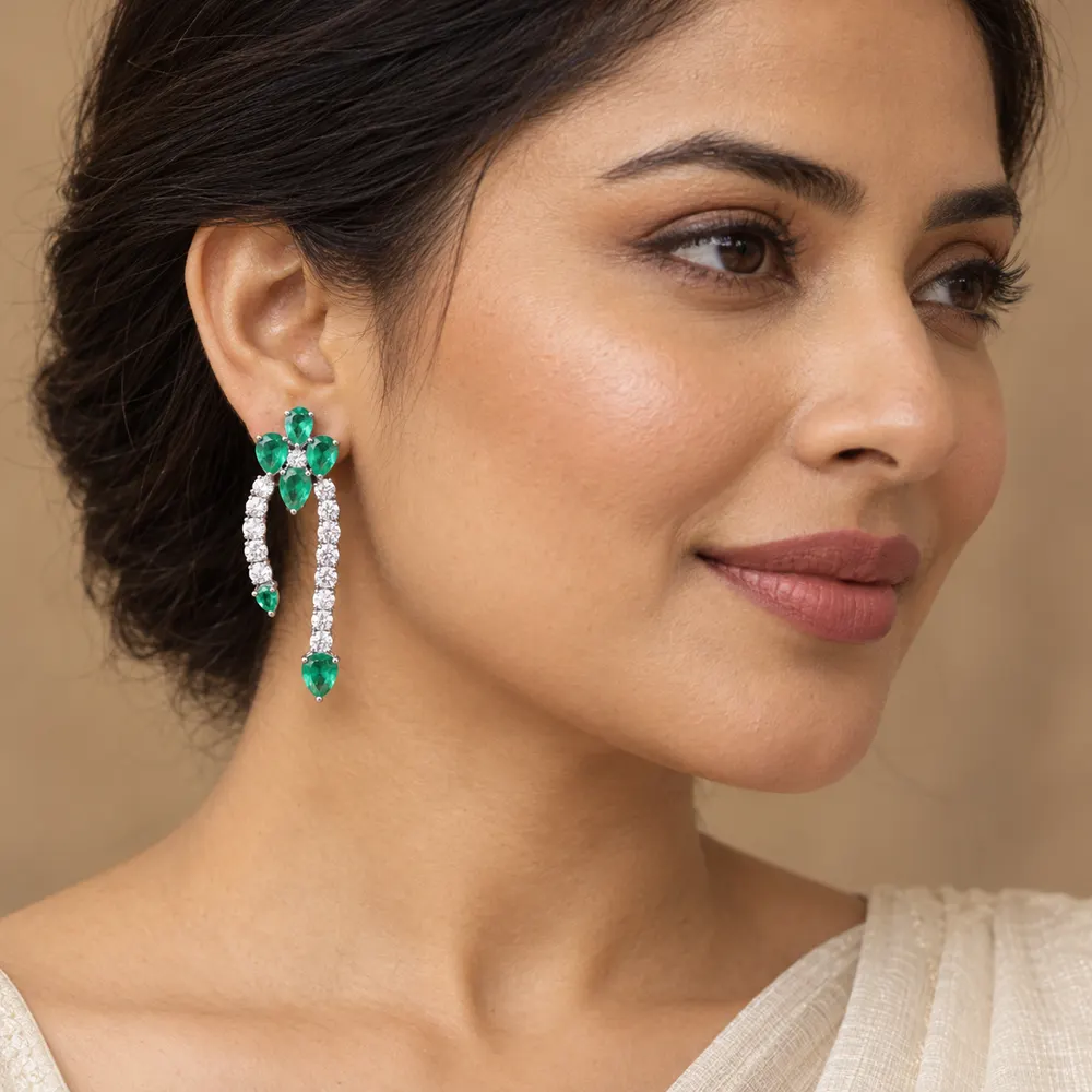 Emerald Triple Strand Tassel Moissanite Earrings — second view