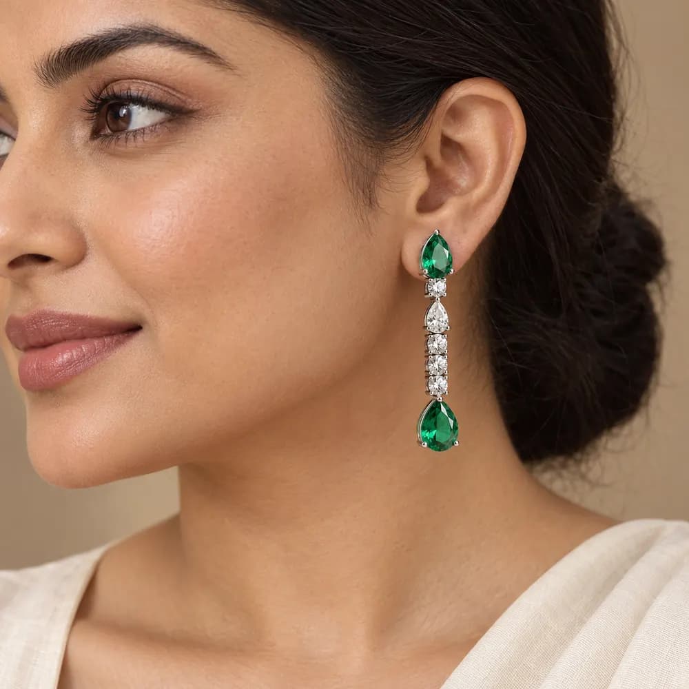 Emerald Twin Pear Linear Moissanite Earrings — second view
