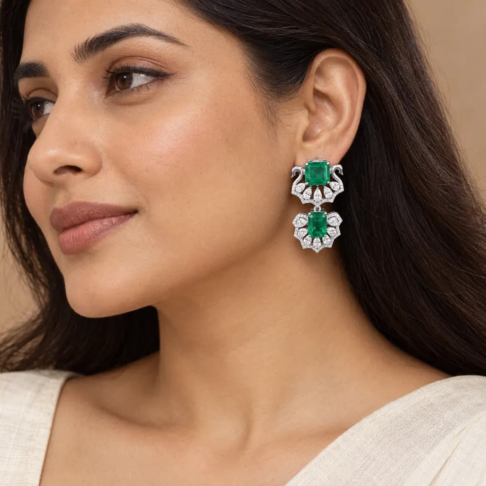Emerald Twin Swan and Floral Moissanite Drop Earrings — second view