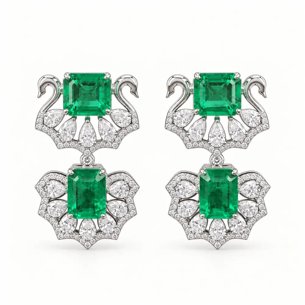 Emerald Twin Swan and Floral Moissanite Drop Earrings