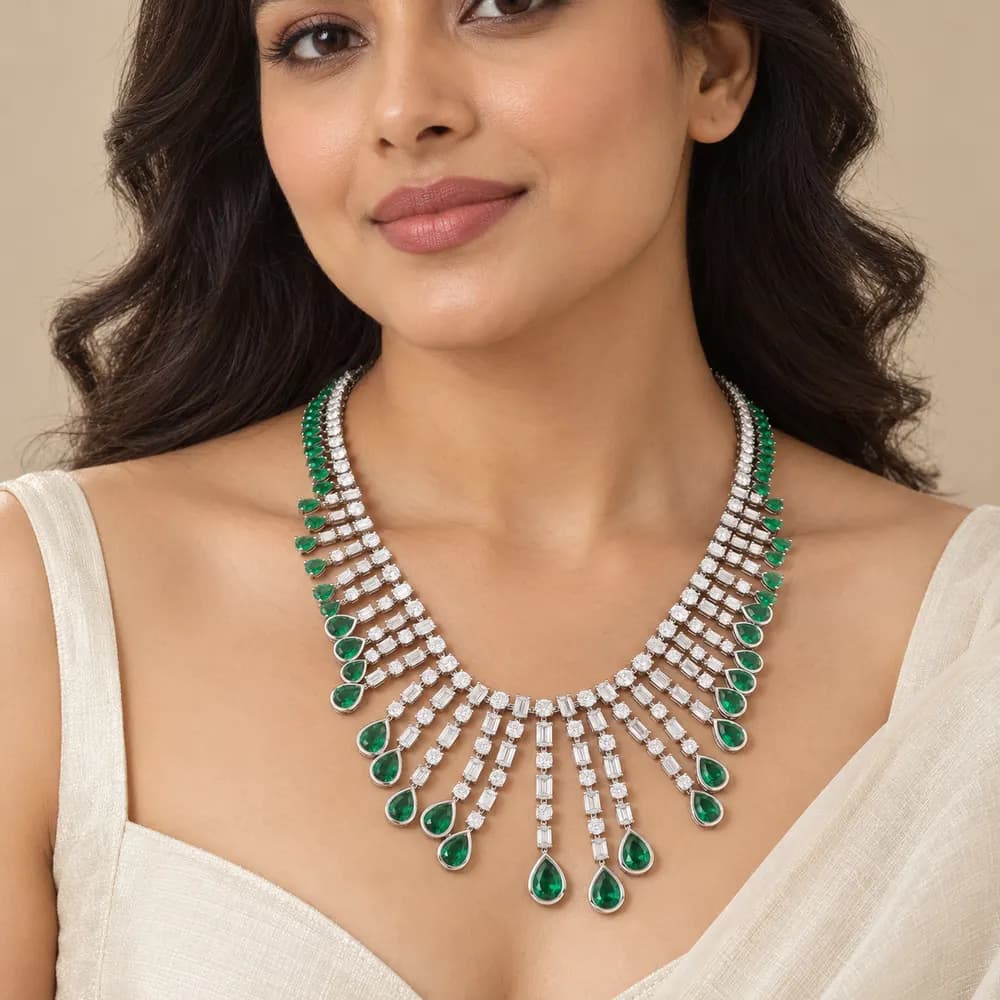 Emerald Waterfall Bib Moissanite Necklace — second view