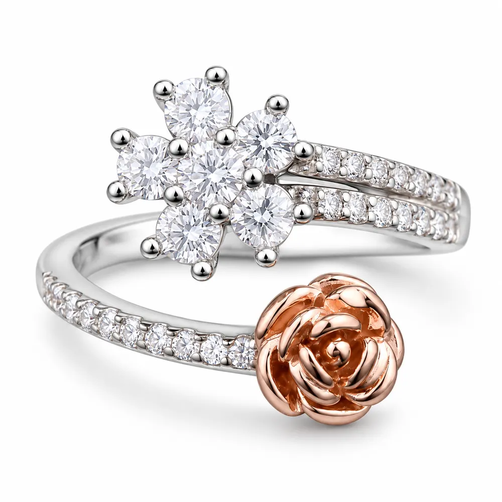 Flower and Rose Open Moissanite Ring