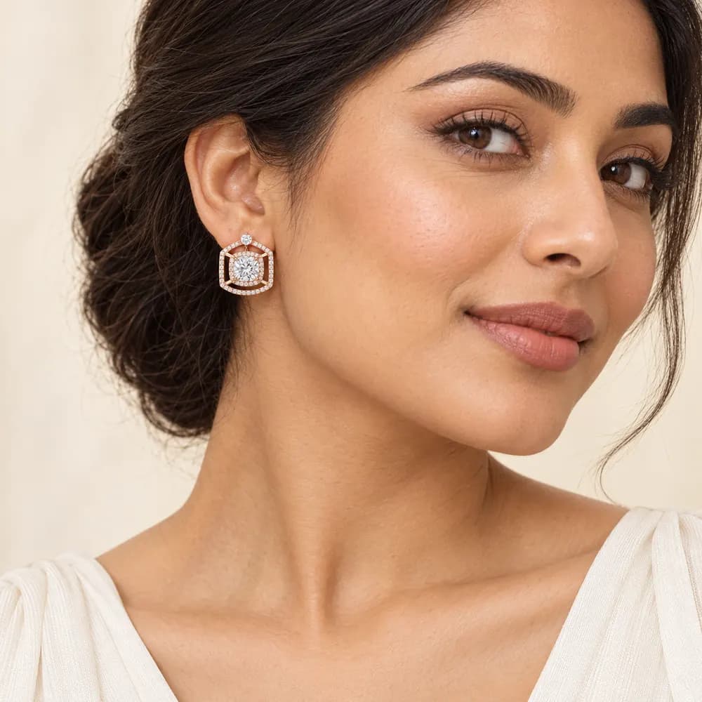 Geometric Cushion Halo Moissanite Earrings — second view