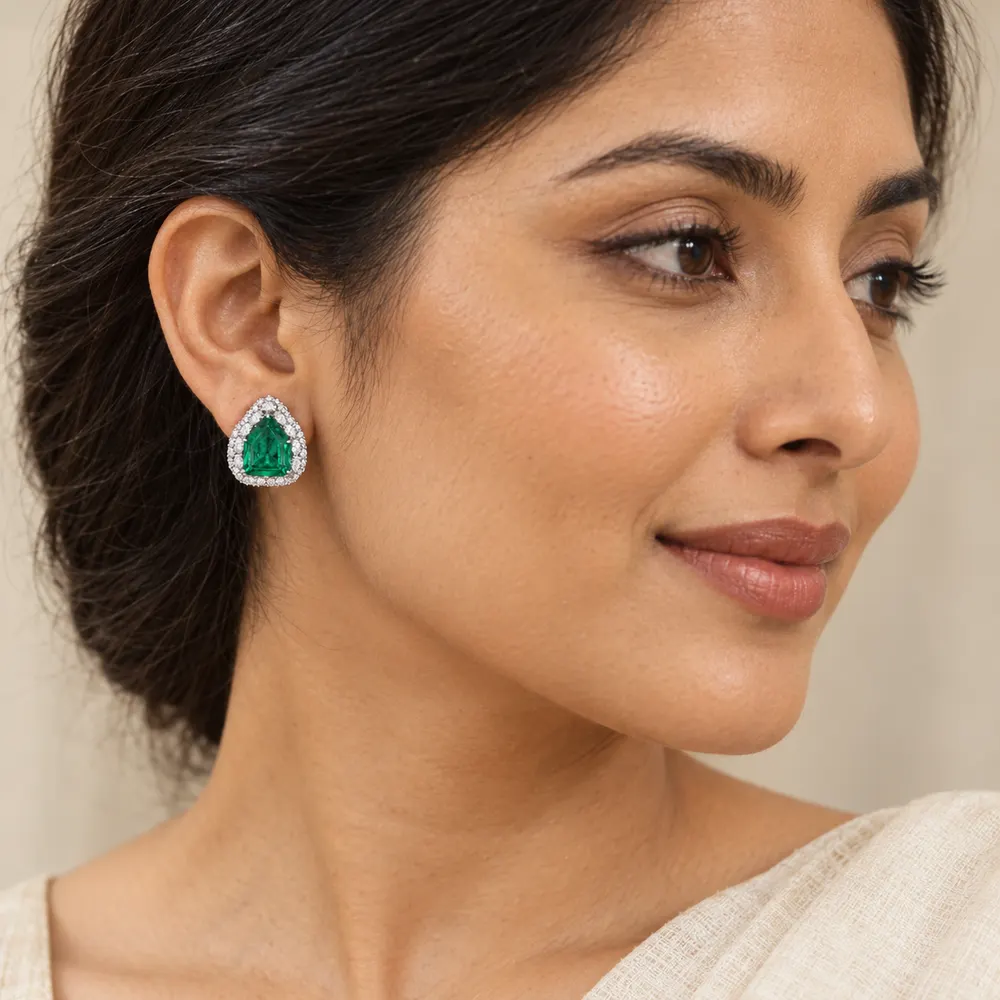 Geometric Emerald Halo Moissanite Stud Earrings — second view