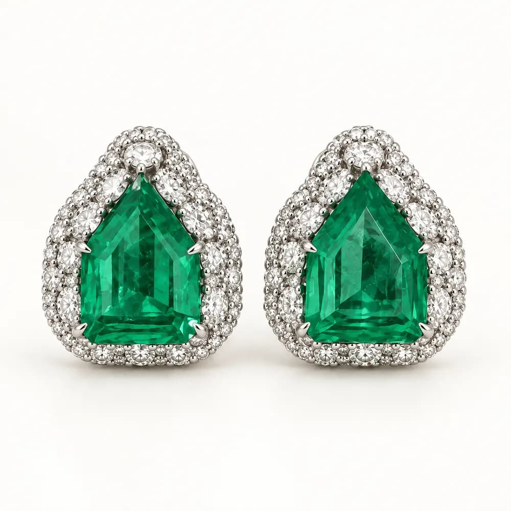 Geometric Emerald Halo Moissanite Stud Earrings