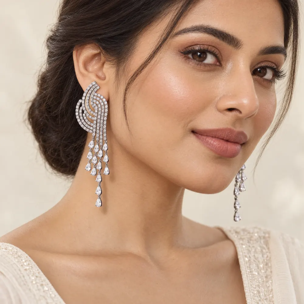 Grand Feather Cascade Moissanite Earrings — second view