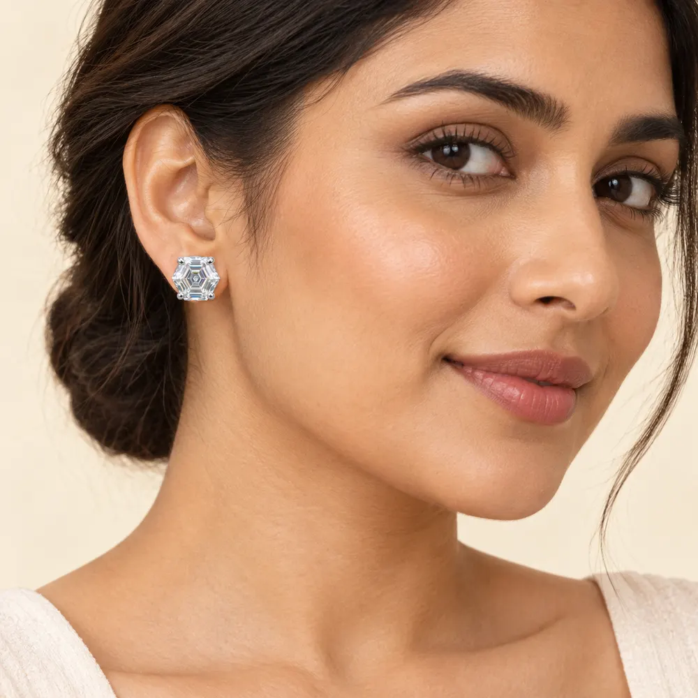 Hexagonal Step-Cut Moissanite Stud Earrings — second view