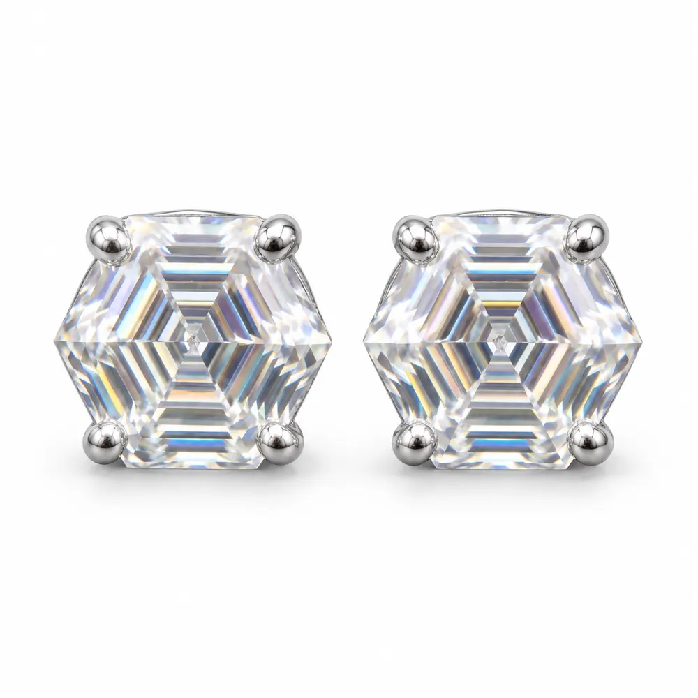 Hexagonal Step-Cut Moissanite Stud Earrings